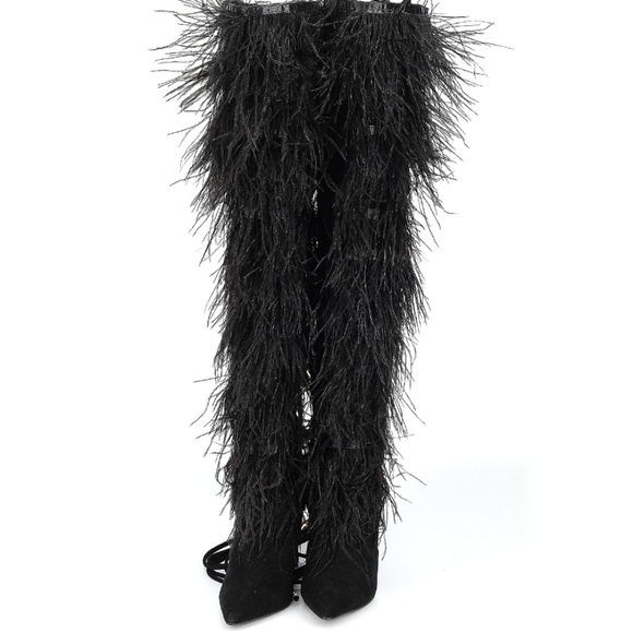 Bella Niecelle Black Ostrich Feather Tall Boots Size 36 EU 6 US - Picture 3 of 5